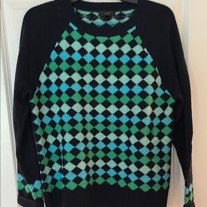 J. Crew Green and Blue Crew Neck Sweater with Argyle Pattern